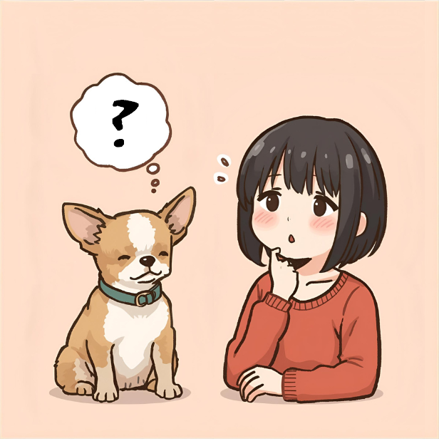 サプリについて考える飼い主さんとワンちゃんのイメージ