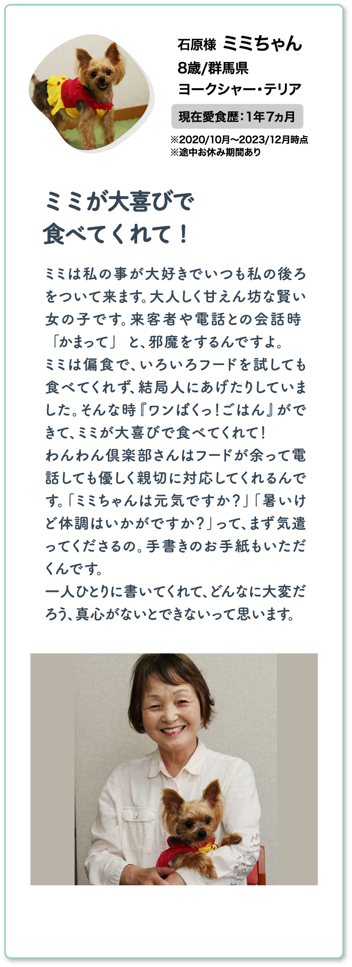 石原様ミミちゃん 8歳/群馬県 ヨークシャー・テリア 現在愛食歴：1年7ヵ月 ※2020/10月〜2023/12月時点 ※途中お休み期間あり | ミミが大喜びで食べてくれて！ | ミミは私の事が大好きでいつも私の後ろをついて来ます。大人しく甘えん坊な賢い女の子です。来客者や電話との会話時「かまって」と、邪魔をするんですよ。ミミは偏食で、いろいろフードを試しても食べてくれず、結局人にあげたりしていました。そんな時『ワンぱくっ！ごはん』ができて、ミミが大喜びで食べてくれて！わんわん倶楽部さんはフードが余って電話しても優しく親切に対応してくれるんです。「ミミちゃんは元気ですか？」「暑いけど体調はいかがですか？」って、まず気遣ってくださるの。手書きのお手紙もいただくんです。一人ひとりに書いてくれて、どんなに大変だろう、真心がないとできないって思います。