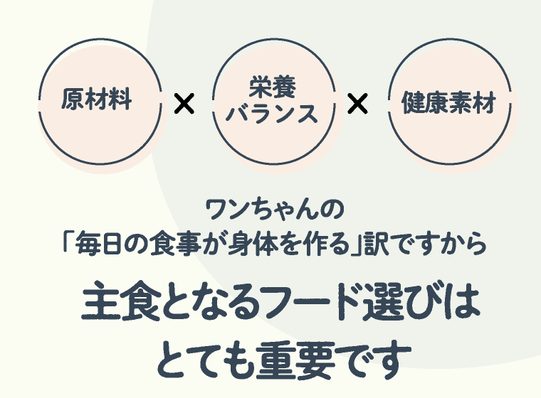 原材料 × 栄養バランス × 健康素材 | ワンちゃんの「毎日の食事が身体を作る」訳ですから主食となるフード選びはとても重要です