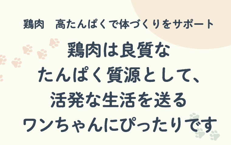 鶏肉　高たんぱくで体づくりをサポート 鶏肉は良質なたんぱく質源として、活発な生活を送るワンちゃんにぴったりです