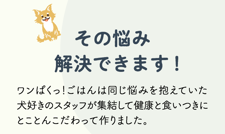 その悩み解決できます！ ワンぱくっ！ごはんは同じ悩みを抱えていた犬好きのスタッフが集結して健康と食いつきにとことんこだわって作りました。