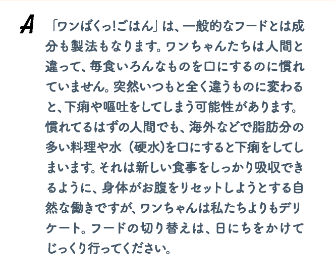 「ワンばくっ!ごはん」は、一般的なフードとは成分も製法もなります。ワンちゃんたちは人間と違って、毎食いろんなものを口にするのに慣れていません。突然いつもと全く違うものに変わると、下痢や嘔吐をしてしまう可能性があります。慣れてるはずの人間でも、海外などで脂肪分の多い料理や水 (硬水)を口にすると下痢をしてしまいます。それは新しい食事をしっかり吸収できるように、身体がお腹をリセットしようとする自然な働きですが、ワンちゃんは私たちよりもデリ ケート。フードの切り替えは、日にちをかけてじっくり行ってください。