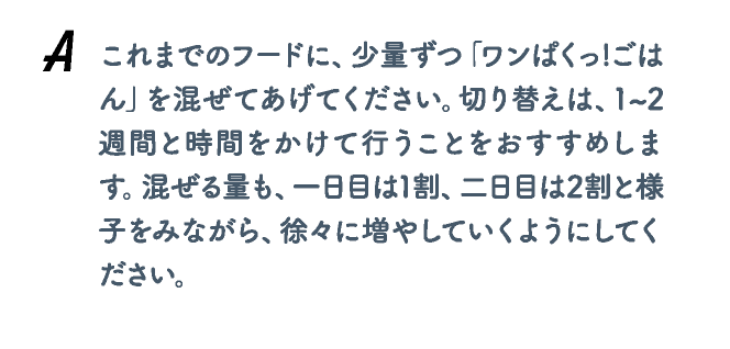 これまでのフードに、少量ずつ「ワンぱくっ!ごはん」を混ぜてあげてください。切り替えは、1~2週間と時間をかけて行うことをおすすめします。混ぜる量も、一日目は1割、二日目は2割と様子をみながら、徐々に増やしていくようにしてください。
