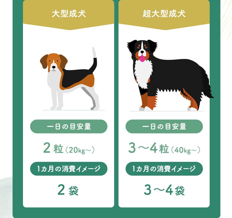 大型成犬（1日の目安量：2粒、1ヵ月の消費イメージ：2袋）、超大型成犬（1日の目安量：3～4粒、1ヵ月の消費イメージ：3～4袋）