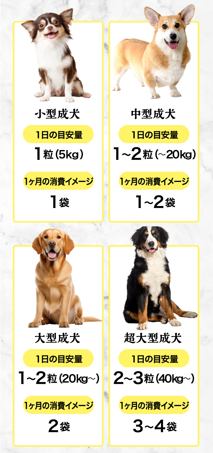 小型成犬 １日の目安量 1粒（5ｋｇ） 1ヶ月の消費イメージ 1袋 / 中型成犬 １日の目安量 1〜2粒（〜20ｋｇ） 1ヶ月の消費イメージ 1〜2袋 / 大型成犬 １日の目安量 1〜2粒（20ｋｇ〜） 1ヶ月の消費イメージ 2袋 / 超大型成犬 １日の目安量 2〜3粒（40ｋｇ〜） 1ヶ月の消費イメージ 3〜4袋