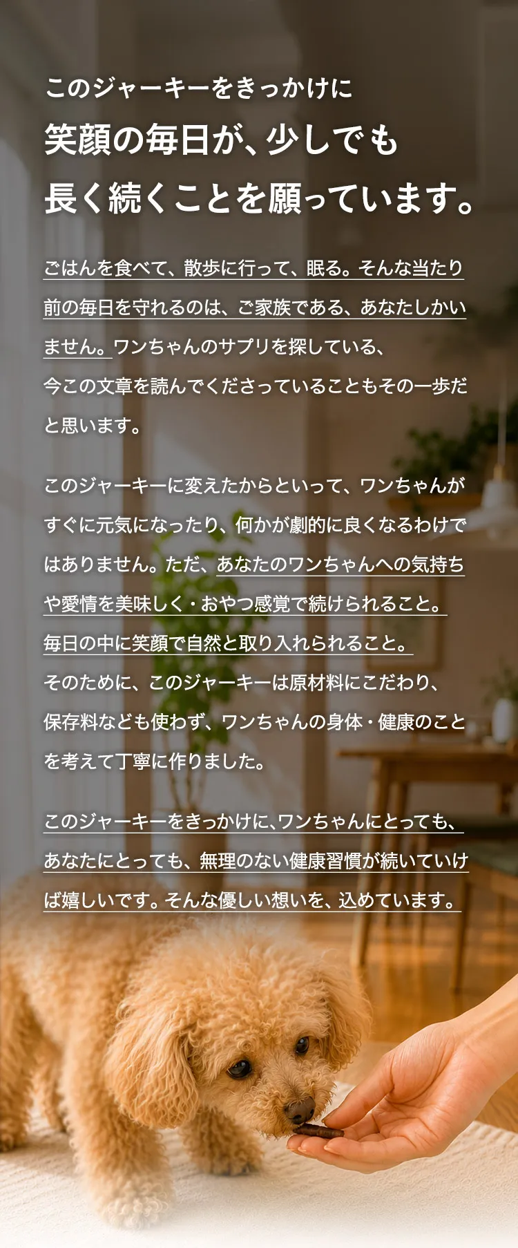 このジャーキーをきっかけに笑顔の毎日が、少しでも長く続くことを願っています。