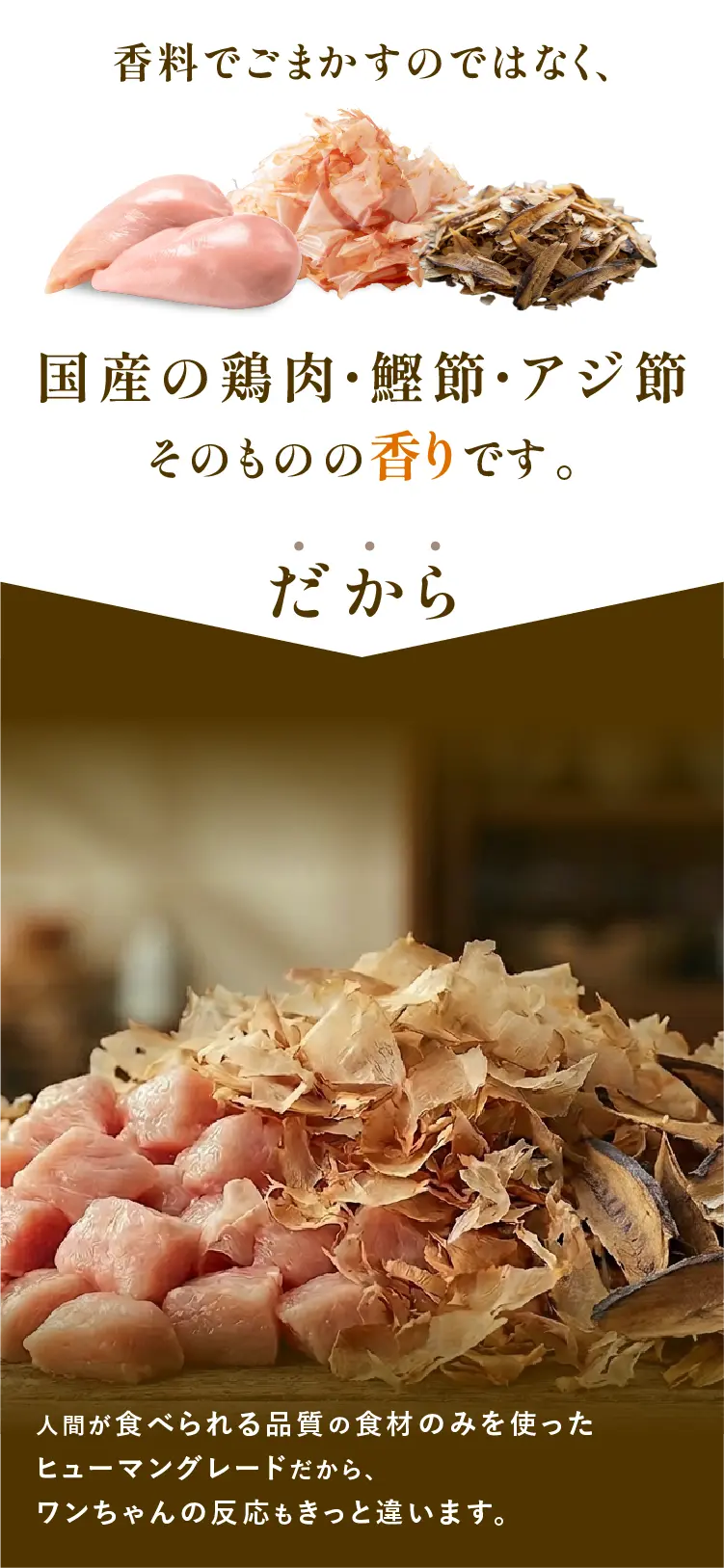 
                香料でごまかすのではなく、国産の鶏肉・鰹節、アジ節そのものの香りです。｜素材本来の旨味とニオイがぎゅっと詰まっている。人間が食べられる品質の食材のみを使ったヒューマングレードだから、ワンちゃんの反応もきっと違います。
                