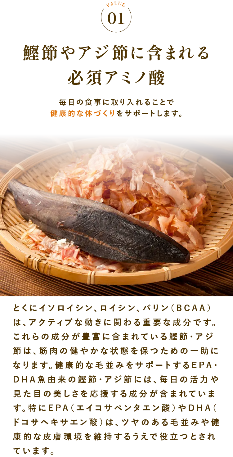 
            ポイント1:鰹節やアジ節に含まれる必須アミノ酸｜毎日の食事に取り入れることで健康的な体づくりをサポートします。
            