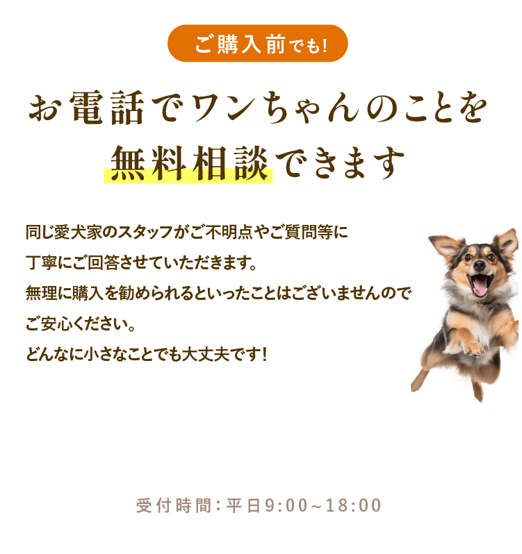 
                ご購入前でも！お電話でワンちゃんのことを無料相談できます｜同じ愛犬家のスタッフが、ご不明点やご質問に丁寧にお答えいたします。｜無理にご購入をおすすめすることはございませんので、ご安心ください。｜どんなに小さなことでもお気軽にご相談ください！｜受付時間：平日9:00〜18:00
            